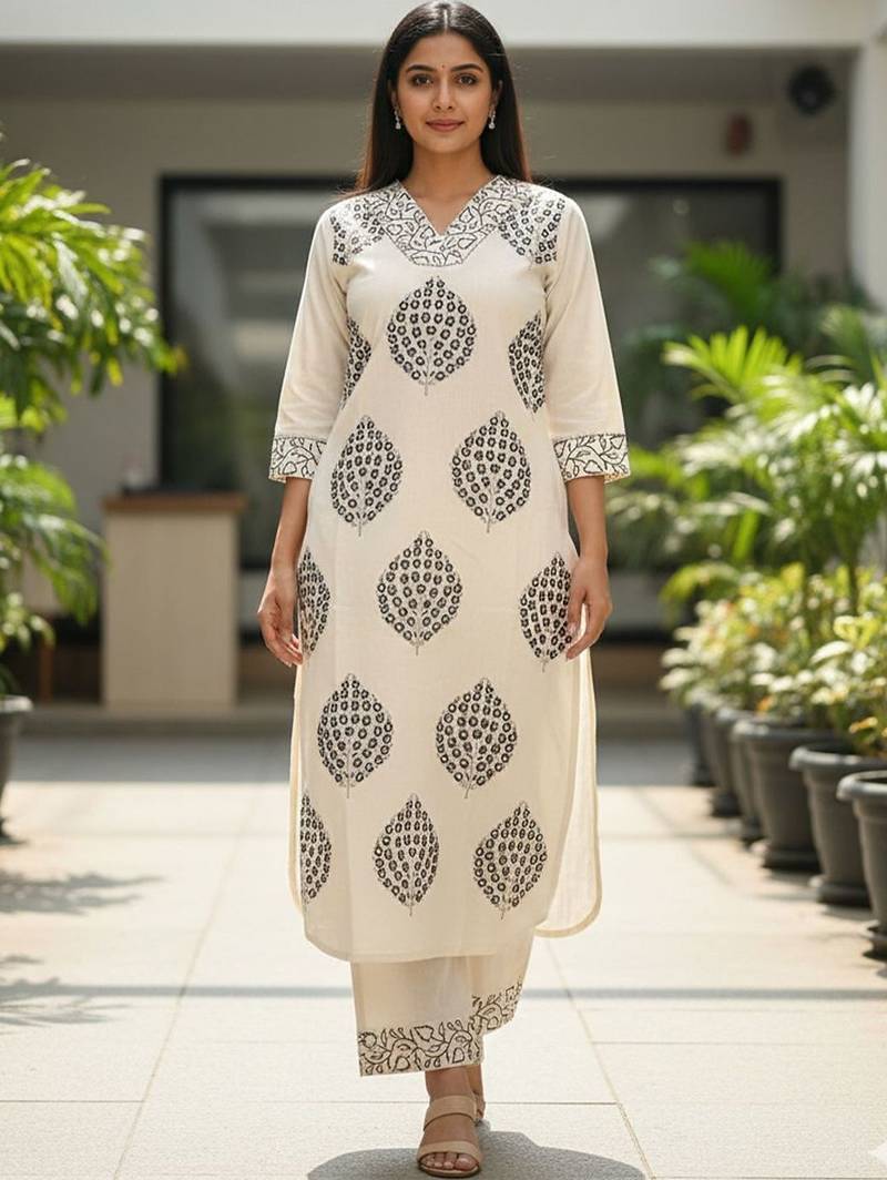 Women Ethnic Motifs Printed Regular Thread Work Pure Cotton Kurta with Trousers