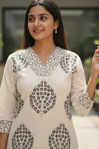 Women Ethnic Motifs Printed Regular Thread Work Pure Cotton Kurta with Trousers