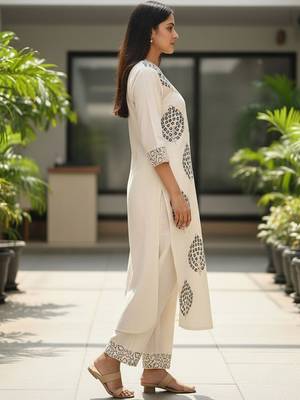Women Ethnic Motifs Printed Regular Thread Work Pure Cotton Kurta with Trousers 5