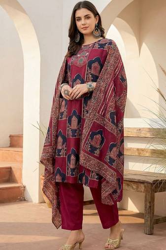 Women Ethnic Motifs Printed Sequinned  Cotton Kurta With Trousers & Dupatta