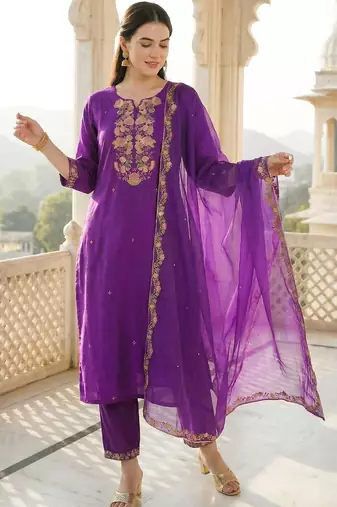 Women Ethnic Motifs Embroidered Regular Thread Work Liva Kurta with Trousers & With Dupatta