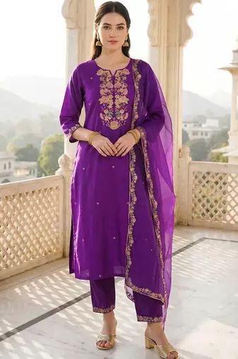 Women Ethnic Motifs Embroidered Regular Thread Work Liva Kurta with Trousers & With Dupatta