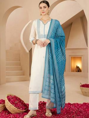 Women Ethnic Motifs Embroidered Regular Thread Work Pure Cotton Kurta with Trousers & With Dupatta 1