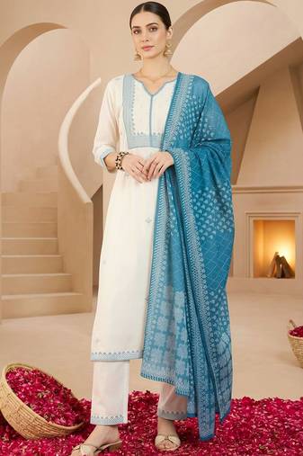 Women Ethnic Motifs Embroidered Regular Thread Work  Cotton Kurta with Trousers & With Dupatta