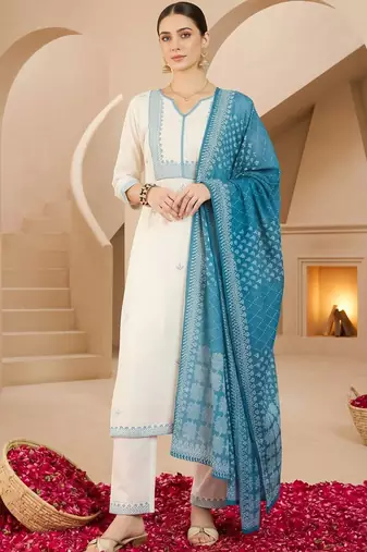 Women Ethnic Motifs Embroidered Regular Thread Work Pure Cotton Kurta with Trousers & With Dupatta