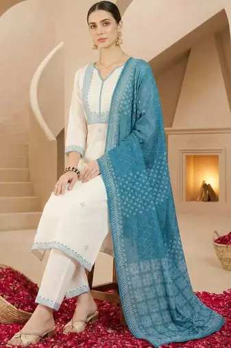 Women Ethnic Motifs Embroidered Regular Thread Work Pure Cotton Kurta with Trousers & With Dupatta