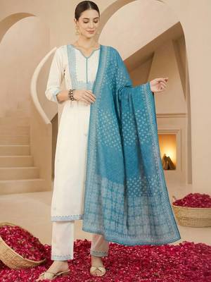 Women Ethnic Motifs Embroidered Regular Thread Work Pure Cotton Kurta with Trousers & With Dupatta 3