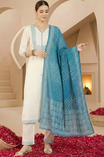 Women Ethnic Motifs Embroidered Regular Thread Work Pure Cotton Kurta with Trousers & With Dupatta