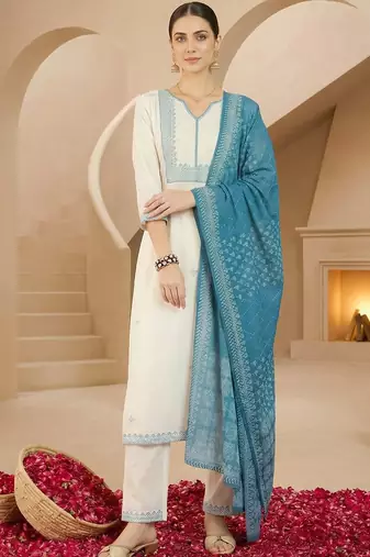 Women Ethnic Motifs Embroidered Regular Thread Work Pure Cotton Kurta with Trousers & With Dupatta