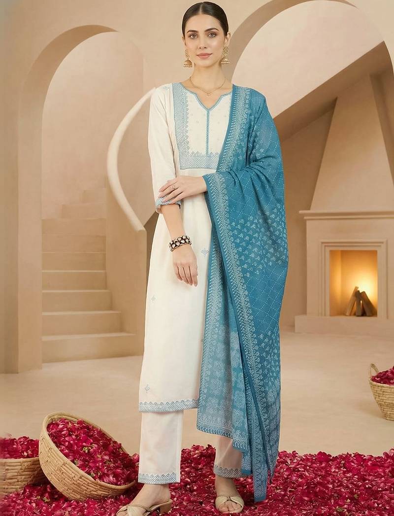 Women Ethnic Motifs Embroidered Regular Thread Work Pure Cotton Kurta with Trousers & With Dupatta