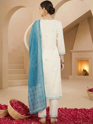 Women Ethnic Motifs Embroidered Regular Thread Work Pure Cotton Kurta with Trousers & With Dupatta 5