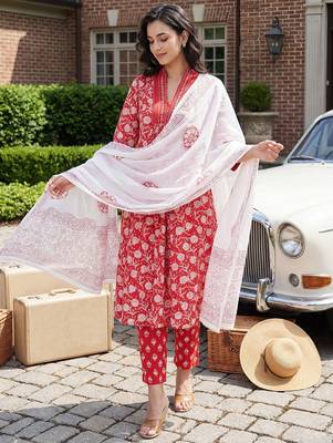 Women Floral Printed Pleated Beads and Stones Pure Cotton Kurta with Trousers & With Dupatta 2