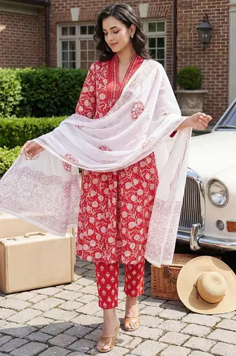 Women Floral Printed Pleated Beads and Stones Pure Cotton Kurta with Trousers & With Dupatta