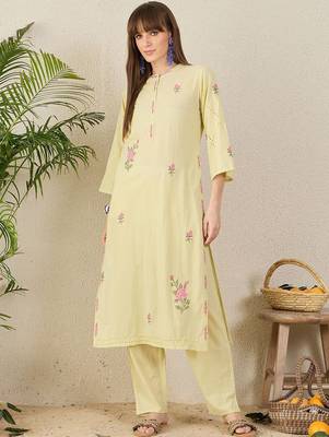 Women Floral Embroidered Regular Beads and Stones Pure Cotton Kurta with Trousers 1