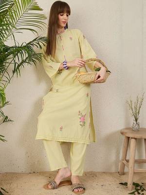 Women Floral Embroidered Regular Beads and Stones Pure Cotton Kurta with Trousers 5