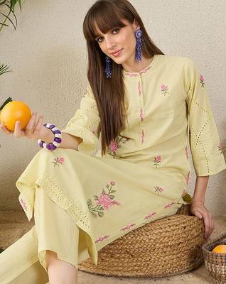 Women Floral Embroidered Regular Beads and Stones Pure Cotton Kurta with Trousers 7