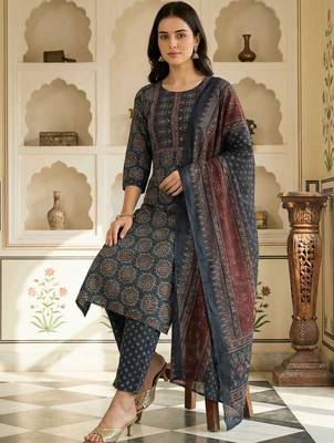 Women Ethnic Motifs Printed Regular Pure Cotton Kurta with Trousers & With Dupatta 1