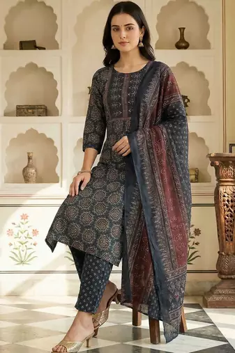 Women Ethnic Motifs Printed Regular Pure Cotton Kurta with Trousers & With Dupatta