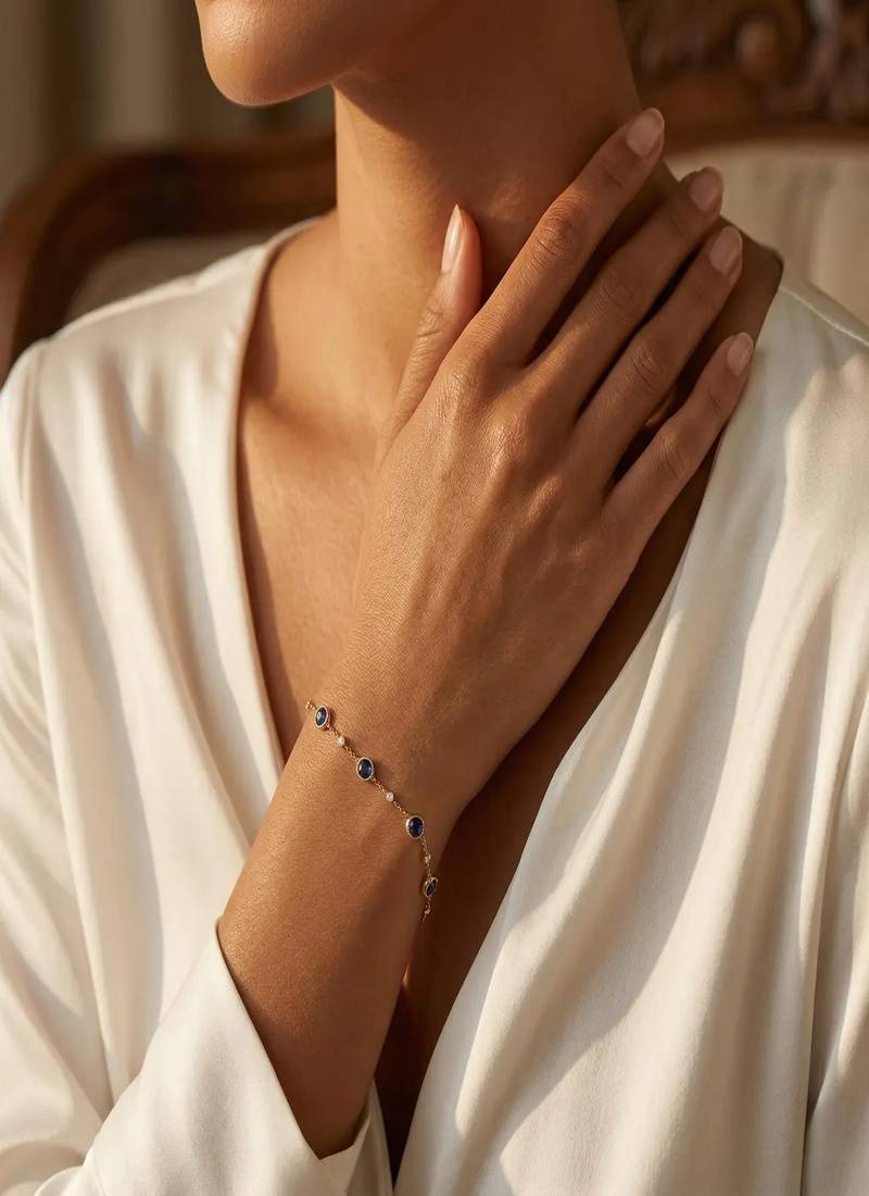 Blue Sapphire Look Gold Plated Delicate Chain Bracelet