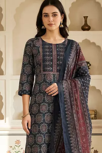 Women Ethnic Motifs Printed Regular Pure Cotton Kurta with Trousers & With Dupatta