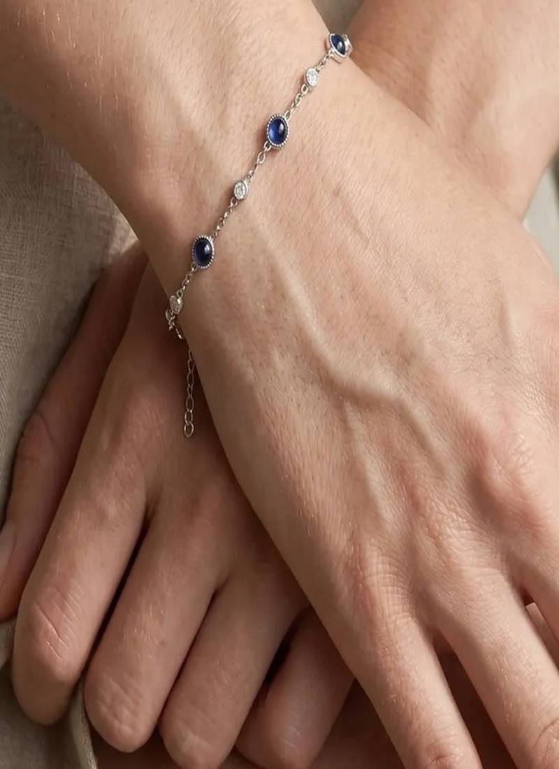 Blue Sapphire Look Gold Plated Delicate Chain Bracelet
