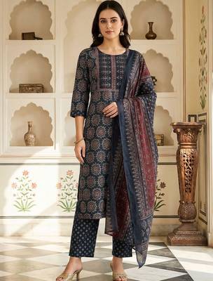 Women Ethnic Motifs Printed Regular Pure Cotton Kurta with Trousers & With Dupatta 4