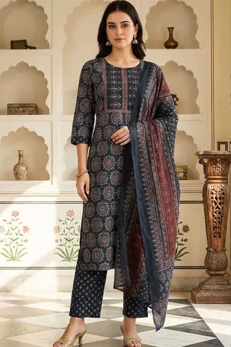 Women Ethnic Motifs Printed Regular Pure Cotton Kurta with Trousers & With Dupatta