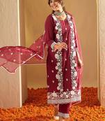 Floral Embroidered Straight Thread Work Kurta with Trousers & Dupatta