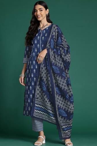 Ethnic Motifs Printed Regular  Cotton Kurta With Trousers & Dupatta
