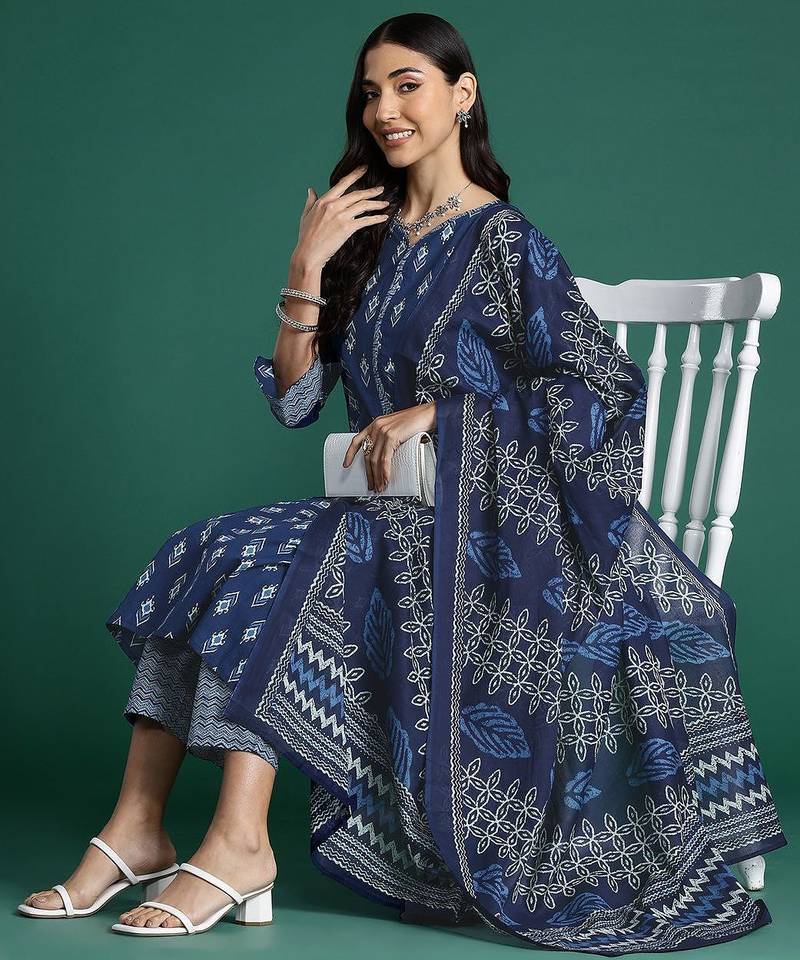 Ethnic Motifs Printed Regular Pure Cotton Kurta With Trousers & Dupatta