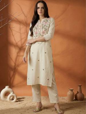 Women Floral Embroidered Regular Thread Work Pure Cotton Kurta with Trousers 1