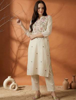Women Floral Embroidered Regular Thread Work Pure Cotton Kurta with Trousers 2