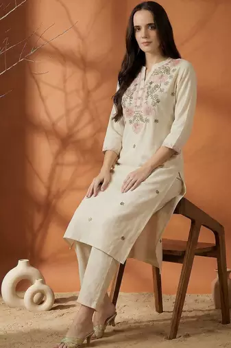 Women Floral Embroidered Regular Thread Work Pure Cotton Kurta with Trousers