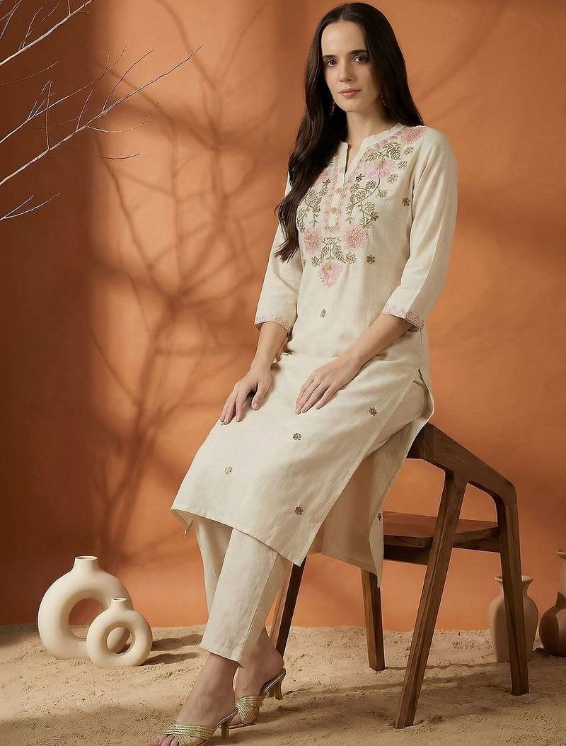 Women Floral Embroidered Regular Thread Work Pure Cotton Kurta with Trousers
