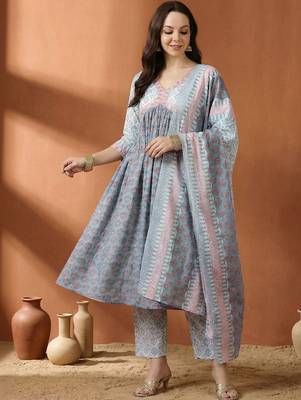 Women Ethnic Motifs Printed Panelled Pure Cotton Kurta with Trousers & With Dupatta 1