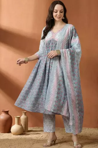 Women Ethnic Motifs Printed Panelled Pure Cotton Kurta with Trousers & With Dupatta