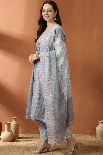 Women Ethnic Motifs Printed Panelled Pure Cotton Kurta with Trousers & With Dupatta