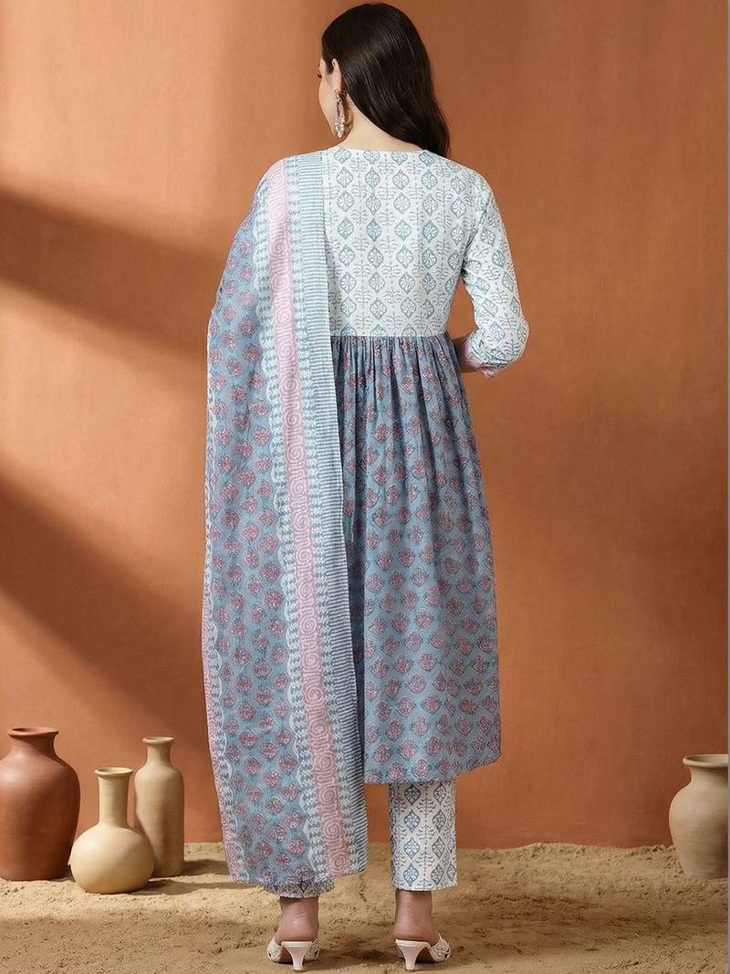 Women Ethnic Motifs Printed Panelled Pure Cotton Kurta with Trousers & With Dupatta