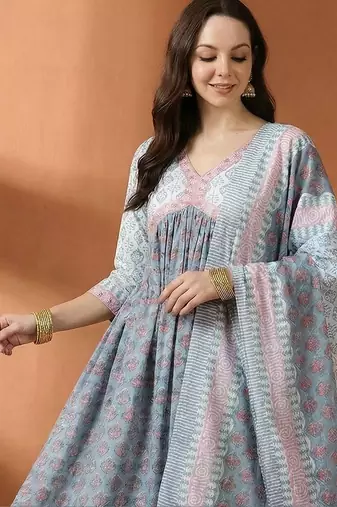 Women Ethnic Motifs Printed Panelled Pure Cotton Kurta with Trousers & With Dupatta
