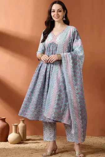 Women Ethnic Motifs Printed Panelled Pure Cotton Kurta with Trousers & With Dupatta