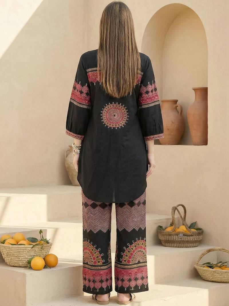 Women Ethnic Motifs Printed Regular Beads and Stones Pure Cotton Kurta with Palazzos