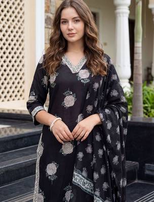 Women Floral Printed Regular Sequinned Pure Cotton Kurta with Trousers & With Dupatta 3