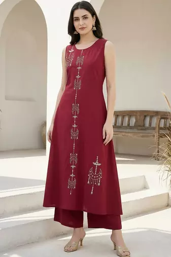 Women Ethnic Motifs Embroidered Regular Thread Work Pure Cotton Kurta with Palazzos