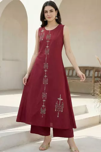 Women Ethnic Motifs Embroidered Regular Thread Work Pure Cotton Kurta with Palazzos