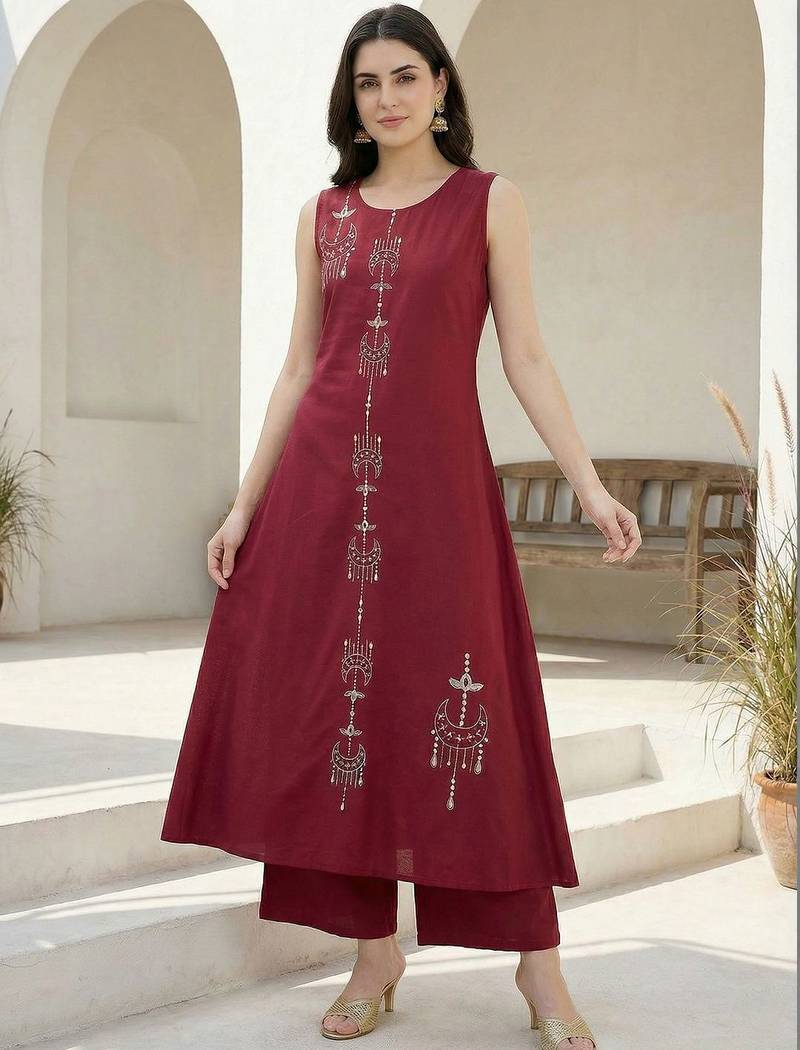 Women Ethnic Motifs Embroidered Regular Thread Work Pure Cotton Kurta with Palazzos