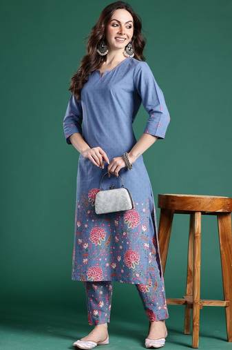 Women Floral Printed Regular Pure Cotton Kurta with Trousers