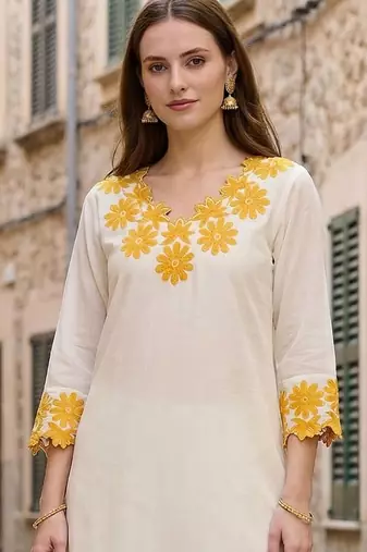 Women Floral Embroidered Regular Thread Work Pure Cotton Kurta with Trousers