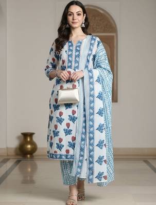 Floral Printed Pure Cotton Kurta With Trousers & Dupatta 1