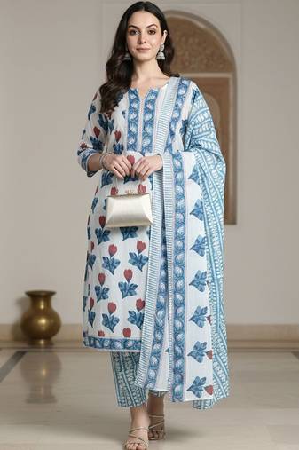 Floral Printed  Cotton Kurta With Trousers & Dupatta