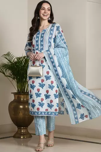 Floral Printed Pure Cotton Kurta With Trousers & Dupatta